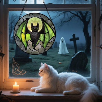 Stained Glass Window Hanging - Halloween Black Bat Green Wings Monster Suncatcher for Doors Garden Home Spooky Sun Catchers Gothic Decor Horror Gift for Women Men Friend Boy Girl 11.8 in