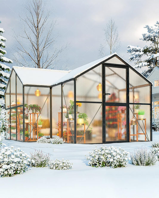 T-Shape Greenhouses, Polycarbonate Green House with UV Protection, Heavy Duty Greenhouse with Windproof Aluminum Frame, Roof Vent & Quick-Install Design for Backyard or Garden Use