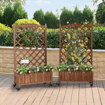 Upgraded 2-Pack 50" Tall Trellis Planter Box with Wheels, 49.8"H × 27.6"W × 13.0"D Solid Fir Wood Raised Garden Bed & Lattice Privacy Screen, Rolling Planter with Drainage for Patio/Garden