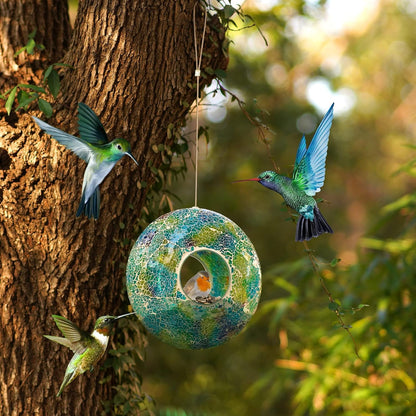 Mosaic Bird Feeder - Outdoor Fly Through Wild Hanging Bird Feeders with Mosaic Glass Design, 9 Inch, Blue