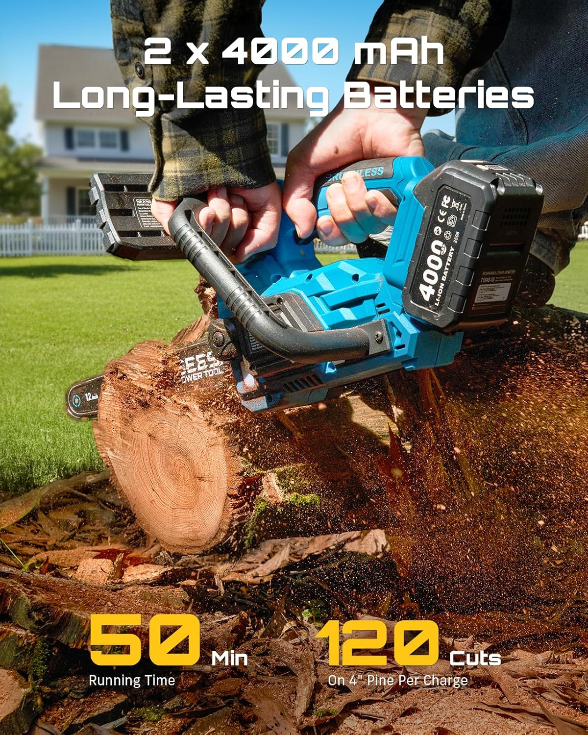 SEESII Electric Chainsaw Cordless 12-inch: Brushless Battery Powered Chainsaw, Includes 2 x 4.0Ah Batteries, Auto-Tension and Oiling Chain Saw for Dad Husband Father Day Gifts, Tree Cutting Trimming