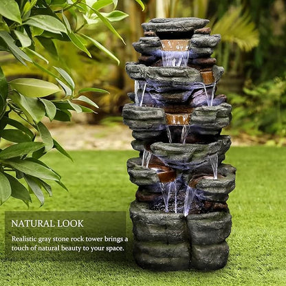 SunJet 47.2" High 6-Tiers Cascading Rock Outdoor Water Fountain with LED Lights - Large Outdoor Fountains and Waterfalls for Garden or Patio, Yard, and Deck Decor, Featuring Natural Stone Look