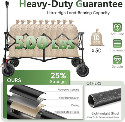 46" L Collapsible Foldable Extended Wagon, 500LB Weight Capacity with 280L Heavy Duty Folding Cart,Utility Wagon with All-Terrain Beach Wheel & Drink Holders,Gray