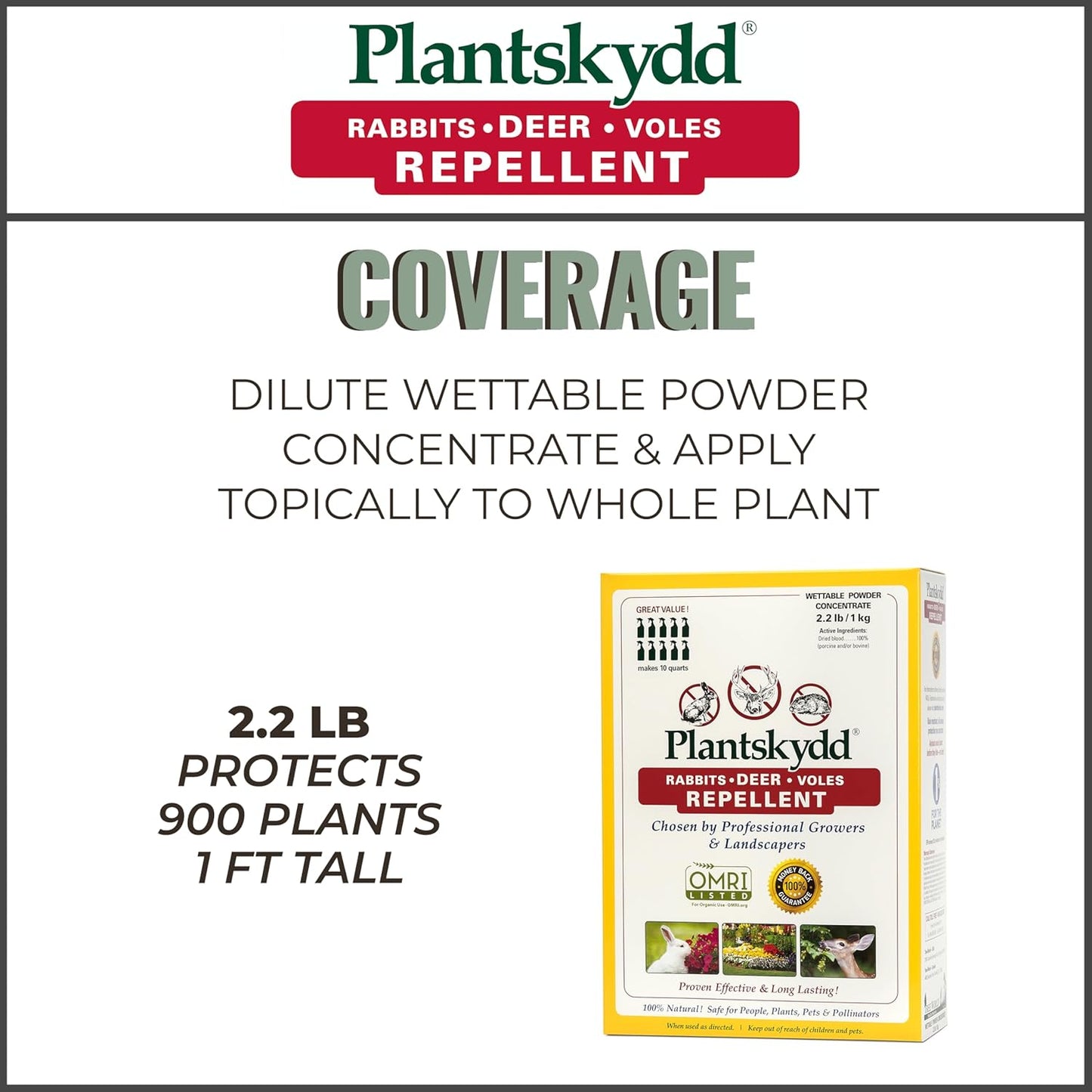 Plantskydd Animal Repellent - Repels Deer, Rabbits, Elk, Moose, Hares, Voles, Squirrels, Chipmunks and Other Herbivores; Wettable Powder Concentrate - 2.2 LB Box - Makes 2.5 Gallon Liquid (PSP-R2)