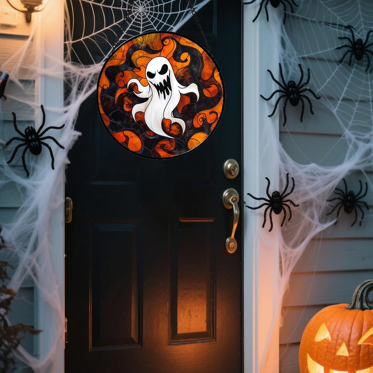 Stained Glass Window Hanging - Halloween White Ghost Suncatcher for Doors Window Garden Indoor Spooky Funny Orange Sun Catchers Gothic Decor Horror Gifts for Women Men Friend 15 in