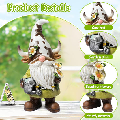 Outdoor Gnomes Statue, Garden Farm Cow Gnome Figurine, Gnomes Decorations for Outside, Farm, Yard, Lawn, Cow Decor for Home, Table, Shelf, Spring Gnome Funny Elf Gifts for Women