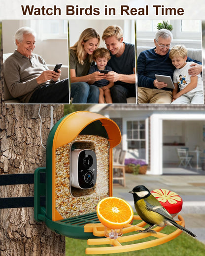 Smart Bird Feeder with Camera, Solar Powered Wireless Birds 2K HD Camera with APP Control, Night Vision, Motion Detection Alerts, IP66 Outdoor Birdfeeder for Backyard Garden Bird Watching, Green