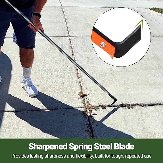 58in Crack Weeder with Spring Steel L-Shaped Blade Adjustable Stainless Steel Handle Garden Crevice Weeding Tool for Sidewalks, Driveways, and Patios