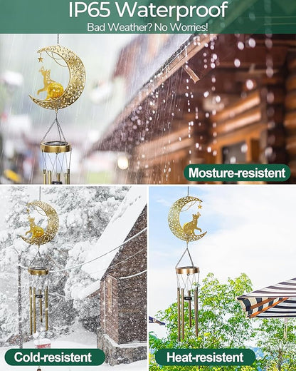 Solar Garden Outdoor Decor, Moon Cat Hanging Wind Chimes, Housewarming Ornament for Patio, Lawn, Yard, Pathway - Unique Gift Ideas for Gardening Mom Grandma Women