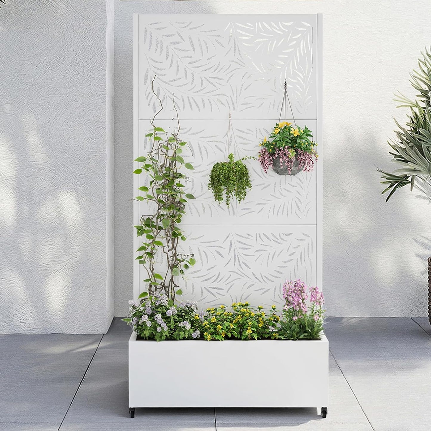 Metal Raised Garden Bed with Trellis & Wheels,72" x 35"x 15.7" Planter Box with Trellis,Privacy Planters for Patio,Garden Bed for Climbing Plants,Suitable for climbing plants and vegetables,White