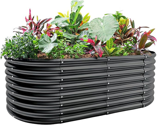 Land Guard 24“ Tall Galvanized Raised Garden Bed Kit, Galvanized Planter Garden Boxes Outdoor, Oval Large Metal Raised Garden Bed for Vegetables (Dark Gray, 4×2×2ft)