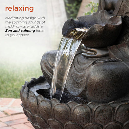 Alpine Corporation WIN1170 53" Outdoor Floor Calming Buddha Statue Waterfall Fountain – Realistic Stone Look, Water Feature for Garden, Patio, Yard, and Outdoor Spaces, Gray