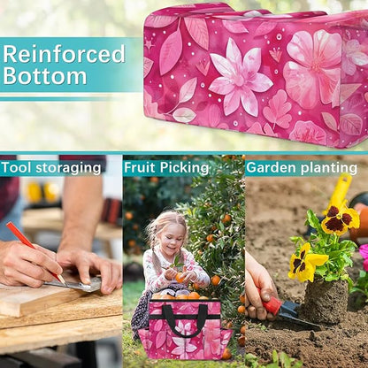 Rose Red flower Gardening Tool Bag,Heavy Duty Garden Tote Bag,Portable Oxford Gardening Storage Basket Organizer Handbag with Pockets Handle,Hand Tools Gifts for Outdoor Garden Lawn