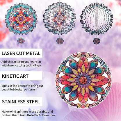 3D Mandala Wind Spinner, 12 Inch Stainless Steel Outdoor Wind Sculpture, Handcrafted Metal Garden Art for Patio, Yard, Weatherproof & Silent Spinning Mandala Decor