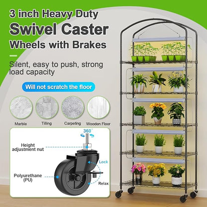Abimars 5-Tier Greenhouse with Grow Light, Shelf Height Adjustable Metal Plant Shelf with PVC Cover and Wheels, Includes 5-Pack 2900K Full Spectrum Plant Lights, 13x29x73inch
