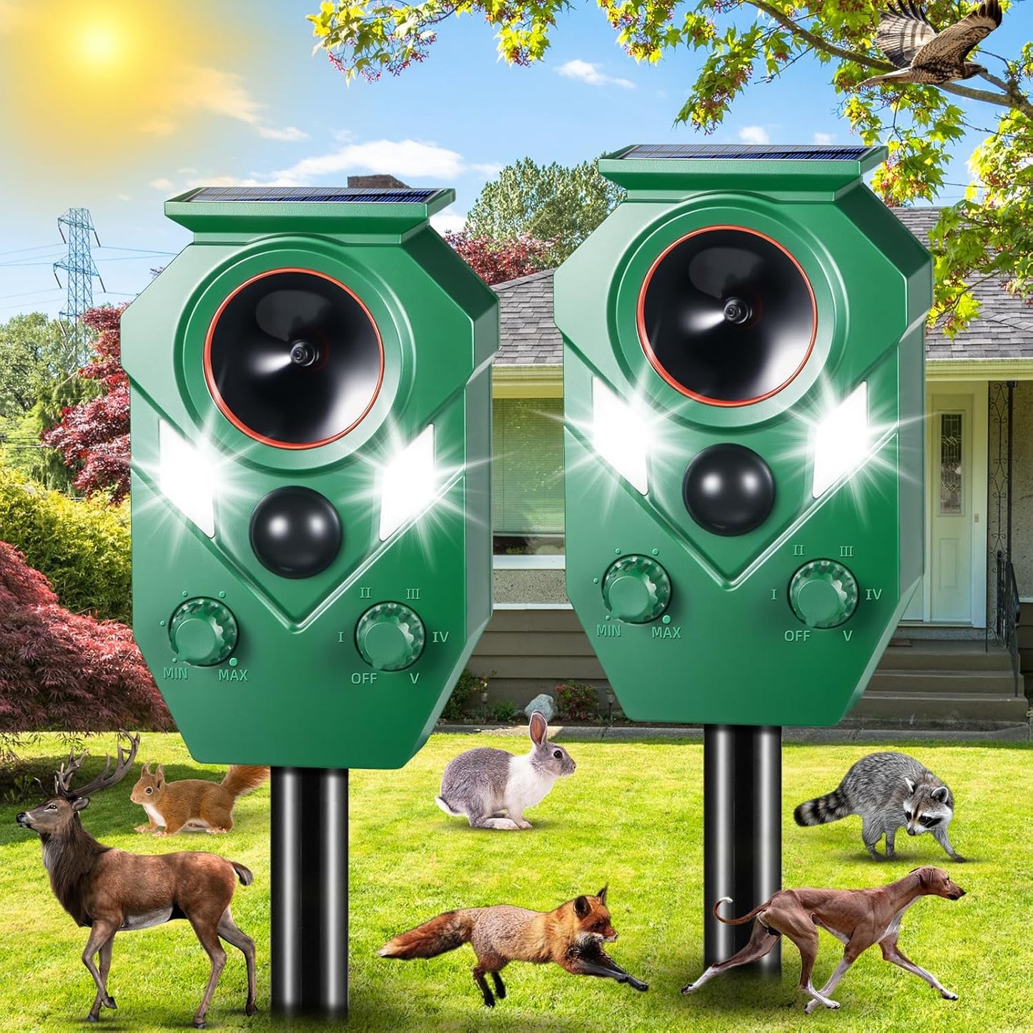 Solar Animal Repellert Outdoor Supplement USB Rechargeable Cat Repeller Outdoor Squirrel Rabbit Fox Adjustable Frequency Deer Repellent Devices with Light and Motion Detection