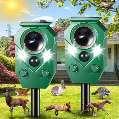 Solar Animal Repellert Outdoor Supplement USB Rechargeable Cat Repeller Outdoor Squirrel Rabbit Fox Adjustable Frequency Deer Repellent Devices with Light and Motion Detection
