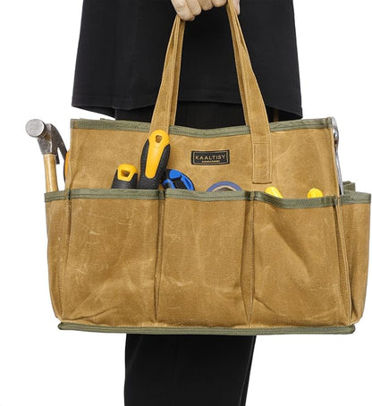 16OZ Waxed Canvas Tool Tote Bag | Large-Capacity Tool Storage Tote with 10 External Pockets | Multi-Purpose Garden Tool Carrier for Gardening, Wrench, and Carpentry Tools – Khaki