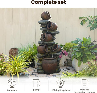 59.84 Inch Outdoor Water Fountain with LED Lights and Pump - Freestanding Waterfall Garden Feature for Patio, Yard, Courtyard