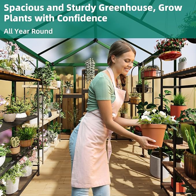 6x8 ft Greenhouse, Large Aluminum Greenhouses for Outdoors, Heavy Duty Polycarbonate Greenhouse with Roof Vent, Walk-in Green Houses for Winter Garden, Backyard, Patio, Lawn, Easy Assembly