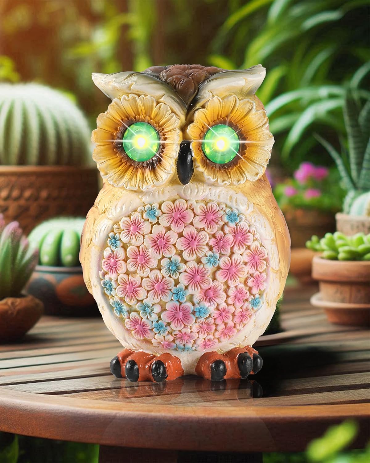 Hand-Painted Resin Owl Figurine with Glow-in-The-Dark Eyes, Solar-Powered Garden Decor 5.5'' Lawn Ornaments Statue Gardening Gifts for Outside Yard Art Patio (Owl)