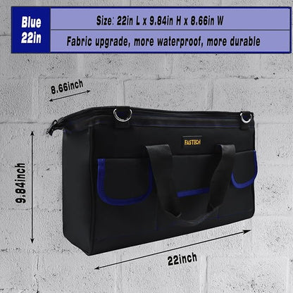 FASTECH 22 Inch Tools Bag, Waterproof Wide Mouth Tool Kit, Tools Big Bag, Heavy Duty Tool Tote Organizer With Adjustable Shoulder Strap For Men/Women (22IN Blue)