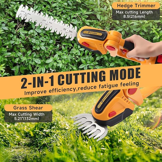 Cordless Hedge Trimmer, 2-in-1 Handheld Electric Hedge Trimmer/Grass Shears for Garden,Yard and Lawns, Shrub Trimmer with 2 PCS Rechargeable Battery&Charger (Yellow)