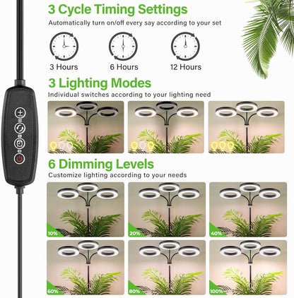 LORDEM Grow Light for Indoor Plants, 7.9" Diameter Tri-Head Plant Light for Plants Growing, Full Spectrum Growth Lamp with Auto Timer 3/6/12H, 4 Dimmable Levels, 3 Lighting Modes, Adjustable Stand