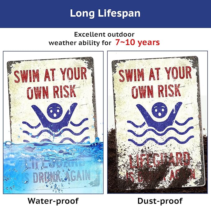 Pool Sign-'Swim at Your Own Risk'-Vintage Metal Funny Metal Signs for Decor Outdoor,Funny Pool Sign for Outside 8x12 Inch