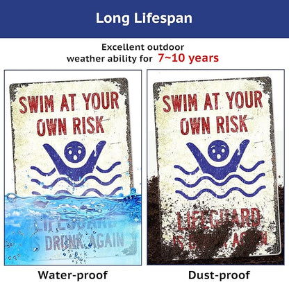 Pool Sign-'Swim at Your Own Risk'-Vintage Metal Funny Metal Signs for Decor Outdoor,Funny Pool Sign for Outside 8x12 Inch
