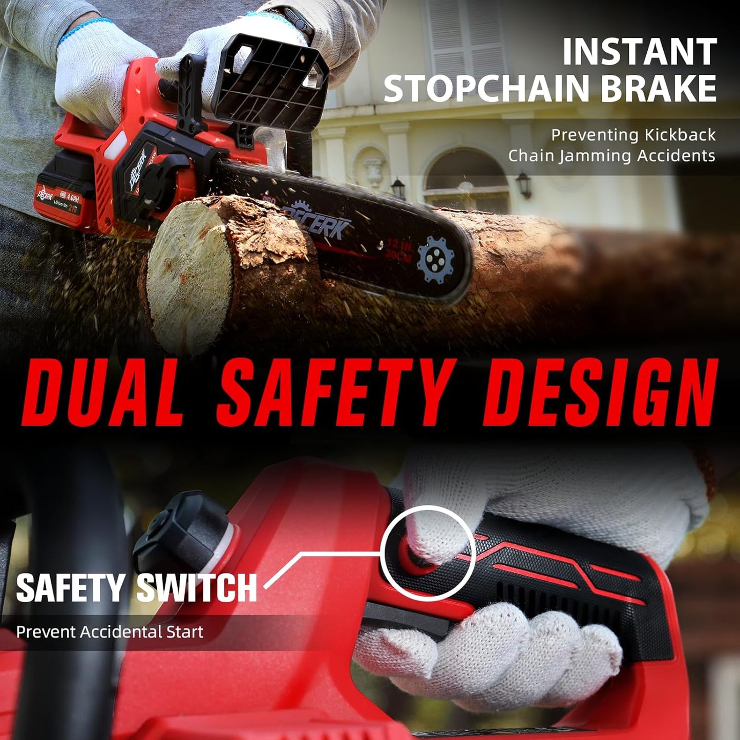 Chainsaw Cordless, 12 Inch Electric Chain Saw with 21V Battery Powered, Handheld Brushless Chainsaws with Tool-free Chain Tension & Auto Lubrication for Tree, Wood Cutting, Courtyard, Household