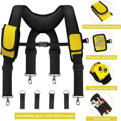 Tool Belt With Suspenders, 24 Pockets Tool Bag with Magnetic Wristband, Detachable Tool Pouch Bag, Adjustable Waists for Men Electrician Carpenter Construction (Yellow)