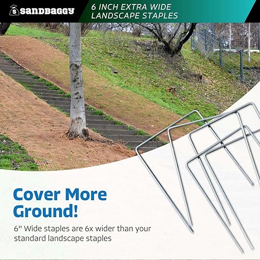 Sandbaggy 6" Wide Landscape Staples - Extra Heavy Duty: 7 Gauge Galvanized Steel - Hold Down Pipes, Landscape Fabric, Ground Cover, Erosion Control Netting, Sod, & Turf (100, 6" W x 8" L)