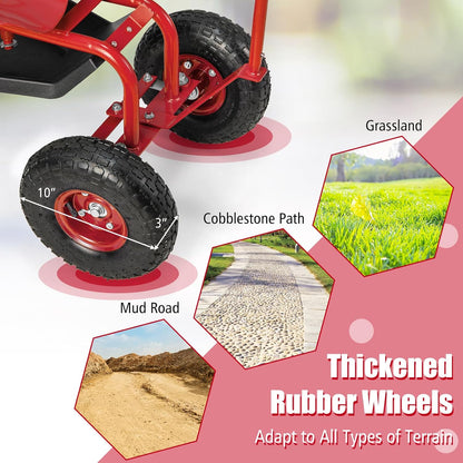 Goplus Rolling Garden Seat with Wheels, Outdoor Garden Cart with 360° Swivel Seat & Tool Storage, 2 Steering Handles, Gardening Stool Wagon Scooter, Lawn, Patio Gardening Workseat for Seniors