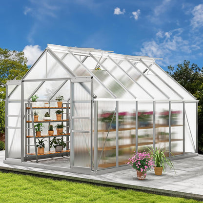DWVO 8x12FT Polycarbonate Greenhouse Heavy Duty Green Houses Outdoor Aluminum Greenhouses with Sliding Doors Vent Window Walk-in Greenhouse Large Sun House for Garden Backyard, Matte Sliver
