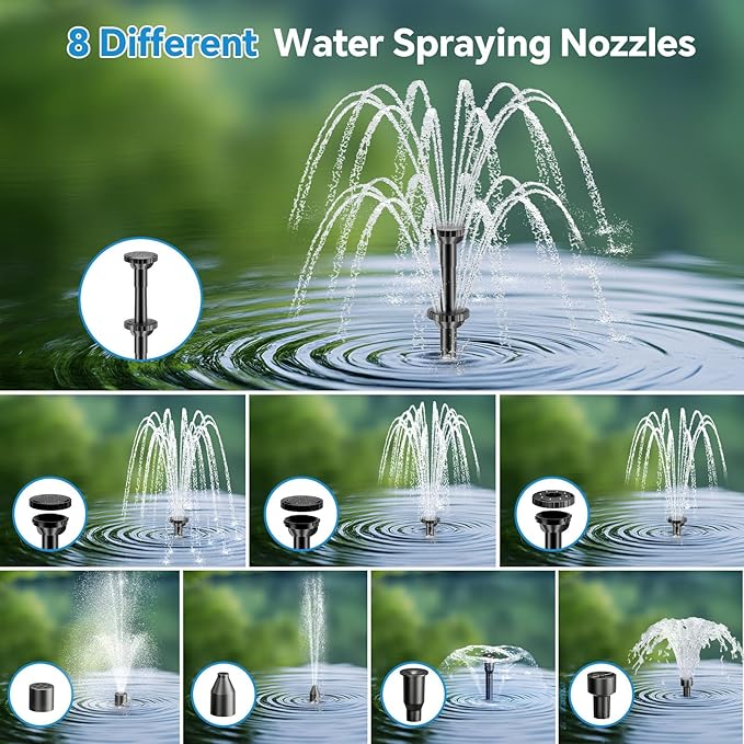 POPOSOAP Solar Fountain Pump with Pond Filter Kit Built-in 3000mAh Battery Backup, 8W Solar Water Fountain Pump, Pond Filters for Outdoor Ponds Bird Baths DIY Water Feature