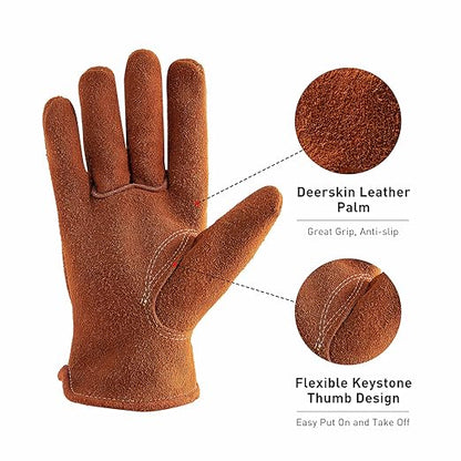 HLDD HANDLANDY 2 Pairs Deerskin Leather Work Gloves for Men & Women, Heat Fire Resistant Tig/Mig Welding Gloves, Rigger Glove for Driver, Construction, Yardwork, Gardening, BBQ