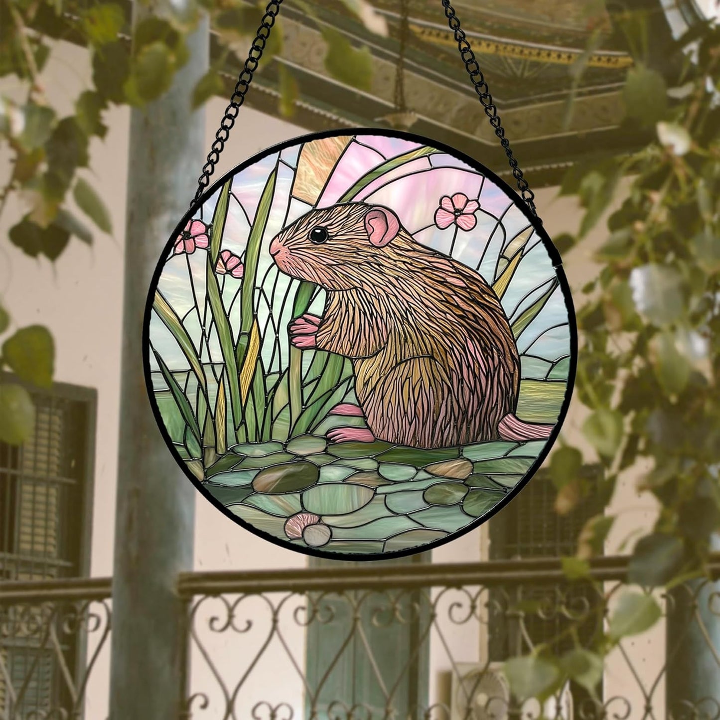 Stained Glass Window Hanging 4 Pcs Set Cute Animal 6.3"- Green Plant Pink Suncatcher Door Garden Sun Catcher Decor Birthday Christmas for Mom Woman Nana Men Friend