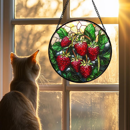 Stained Glass Suncatcher, Red Strawberry Green Leaf Sun Catcher Silver Background Stain Glass Window Hanging Decoration Mother's Day Birthday Gifts for Women Men Mom Nana 9.8 in