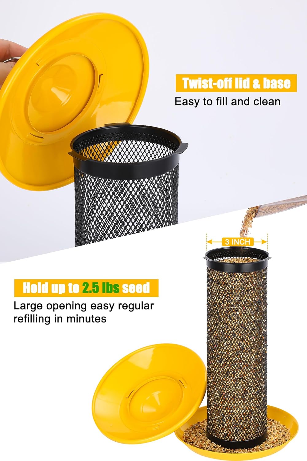 Gtongoko Finch Bird Feeders for Outdoors 2.5 LB Capacity Squirrel Proof Metal Tube Bird Feeders Thistle & Nyjer Seed Hanging Feeder, Yellow, 1 Pack