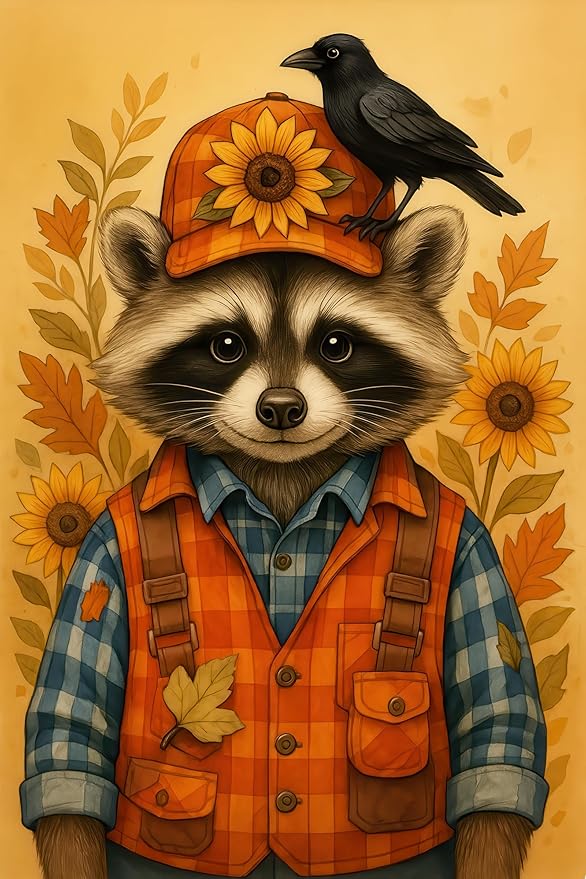 Thanksgiving Fall Garden Flag 12x18 Inch Welcome Raccoon Outdoor Flag Double Sided Autumn Yard Banner with Sunflower Hat and Bird for Porch Lawn Patio Seasonal Decor