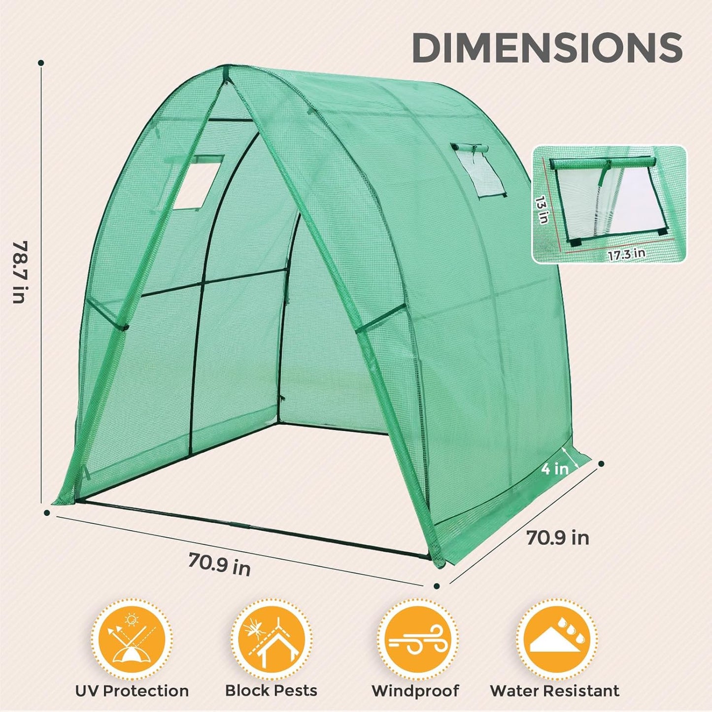 EAGLE PEAK Tunnel Greenhouse Garden Green House with Zippered Door and 2 Roll-up Side Windows, 70.9"x70.9"x78.7", Clear/Green