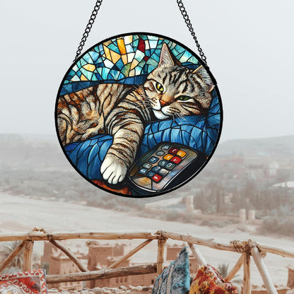 Stained Glass Window Hanging Gray Cat and Remote Control 7.8" - Suncatcher Door Garden Kitchen Sun Catcher Home Decor Birthday for Lost Pets Mom Men Woman Friend Grandma