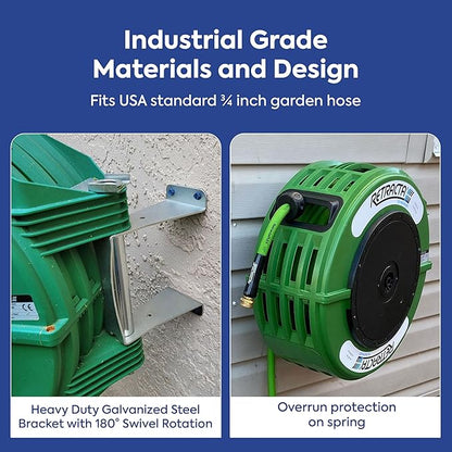 Macnaught Retractable Garden Hose Reel, 82 Ft Water Hose Reel Heavy Duty Retractable Hose with Metal 180° Swivel Rotation Bracket for Wall Mount - Green