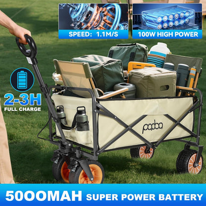 Electric Collapsible Garden Wagon Cart with Wheel,Rolling Foldable Metal Utility Wagon Carts,100w Power and 300lb Capacity, Portable for Camping,Sports,Shopping,Groceries,Laundry