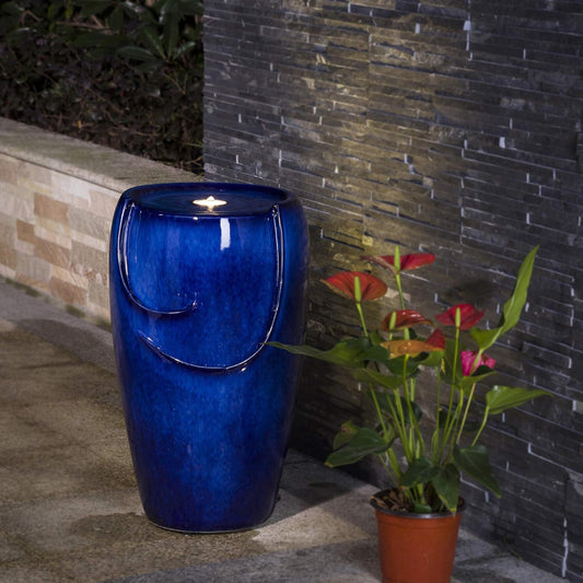 Glitzhome Ceramic Vase Outdoor Water Fountain Tall Patio Garden Water Fountain with LED Light and Submersible Pump Yard Art Decor, 20.5”H, Blue