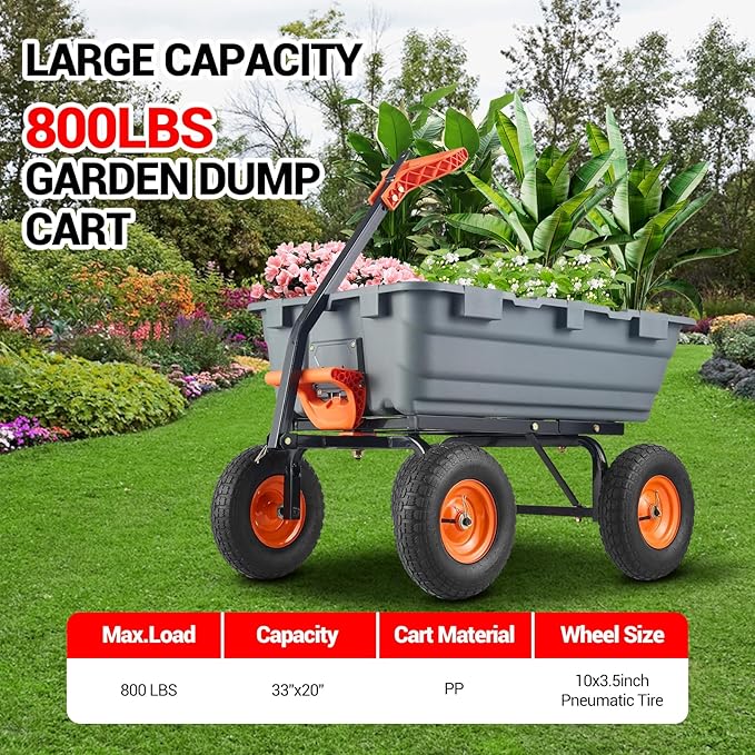 Generic Heavy Duty Garden Dump Cart, 800 Lbs Capacity Poly Utility Cart with 10in Pneumatic Tires & Rotating Handle for Yard, Garden, Lawn