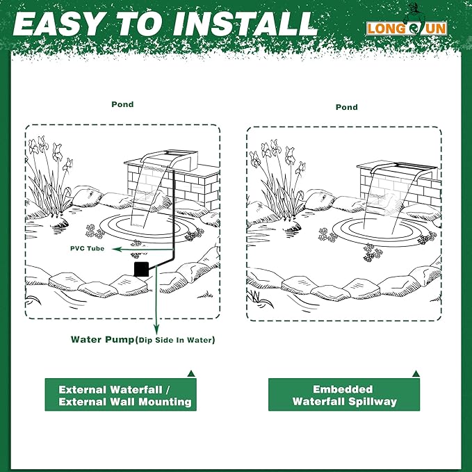 Waterfall Pool Fountain, LONGRUN Stainless Steel Waterfall Spillway for Pools and Ponds - 35.4" Wide Decorative Water Feature for Swimming Pools, Koi Ponds, and Garden