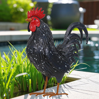 Rooster Garden Statue Sculpture Metal Chicken Yard Decor Outdoor Figurines Patio Backyard Decoration (Black)
