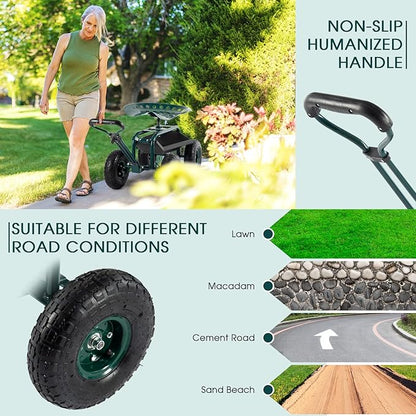 Garden Cart with Seat Outdoor Gardening Carts Heavy Duty Rolling Garden Stools Scooter with Handle and Storage for Seniors, Green